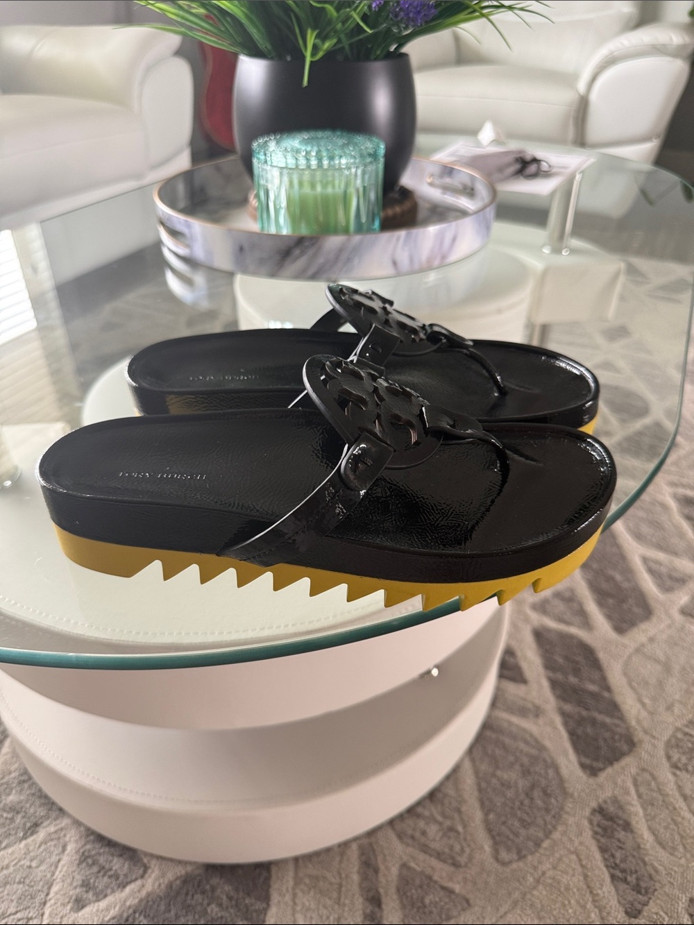 Tory Burch Miller Cloud Lug Sandal Black Patent Thong with Yellow Platform 10
